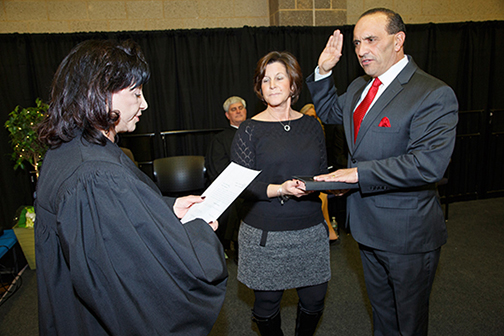 2016 Freeholder Director Thomas A. Arnone is administered the director’s oath of office by Superior Court Judge Patricia Del Bueno Cleary  at Monmouth County’s 2016 Organization Day on Jan. 6, 2016 at Biotechnology High School in Freehold Township. Arnone previously served as freeholder director in 2013.